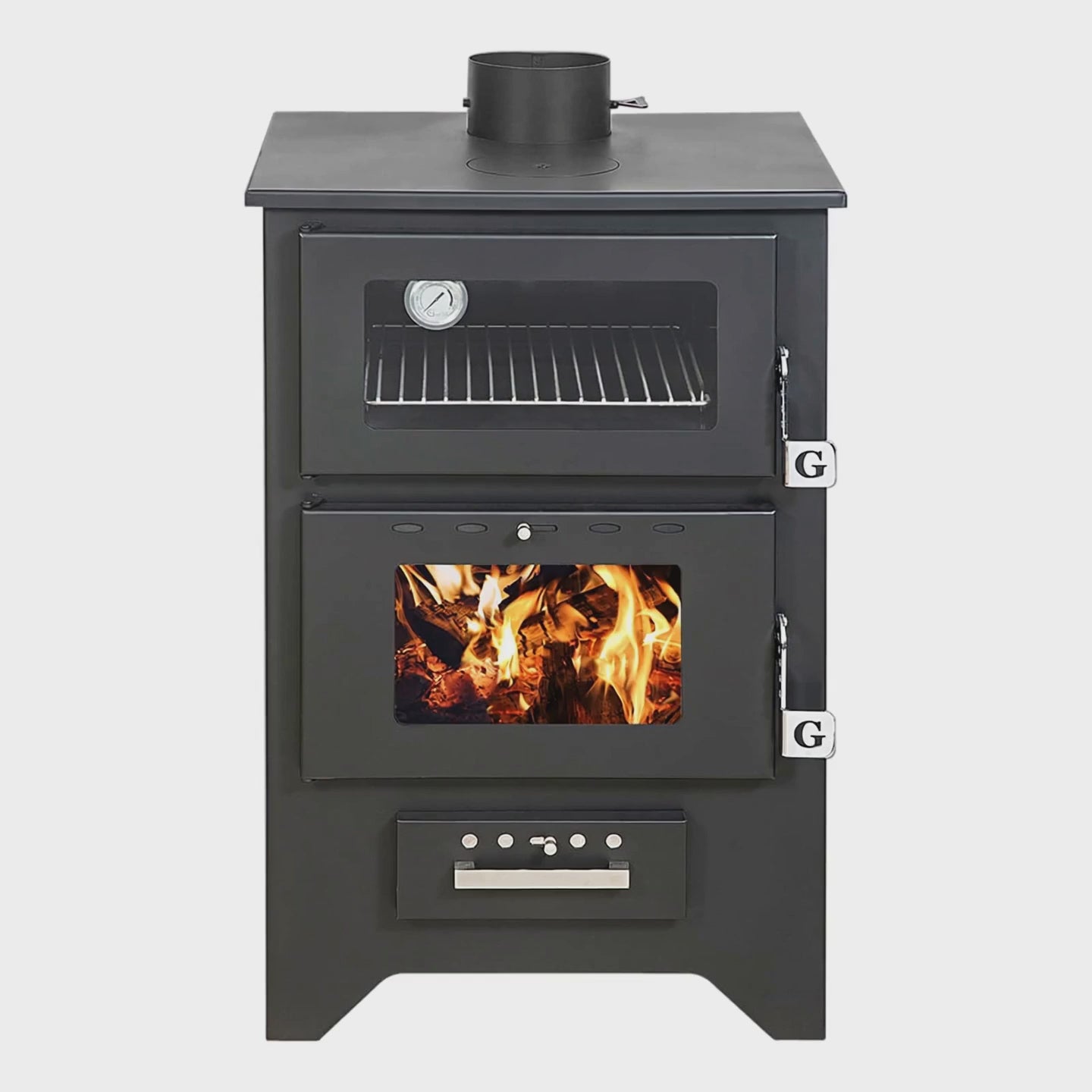 Gekas MG 450 Holzofen mit Back- und Pizzafach – brennendes Feuer, Loop