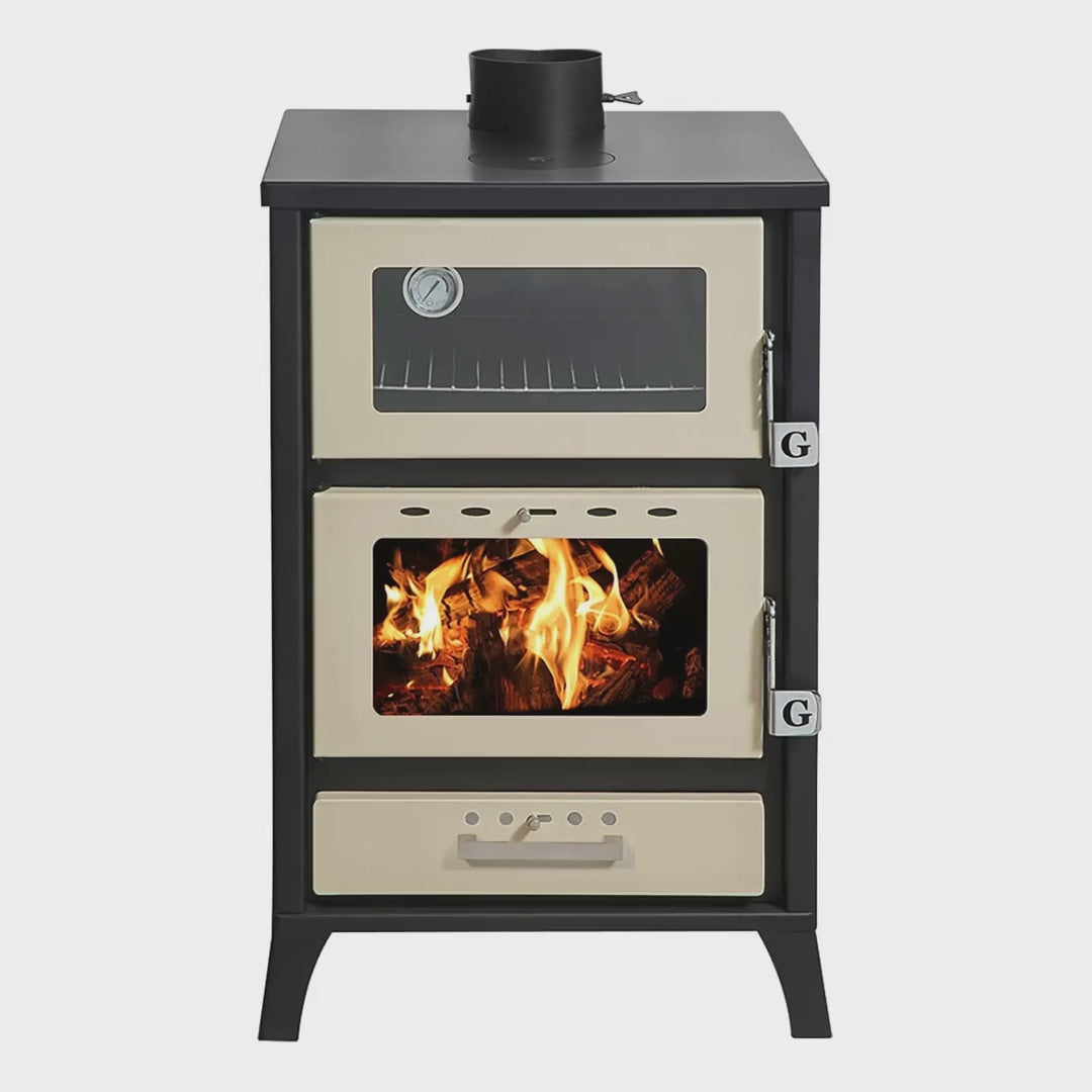 Gekas MG 500 Holzofen Beige – Ansichten: Front mit Feuer, Seiten, Rückseite, von oben