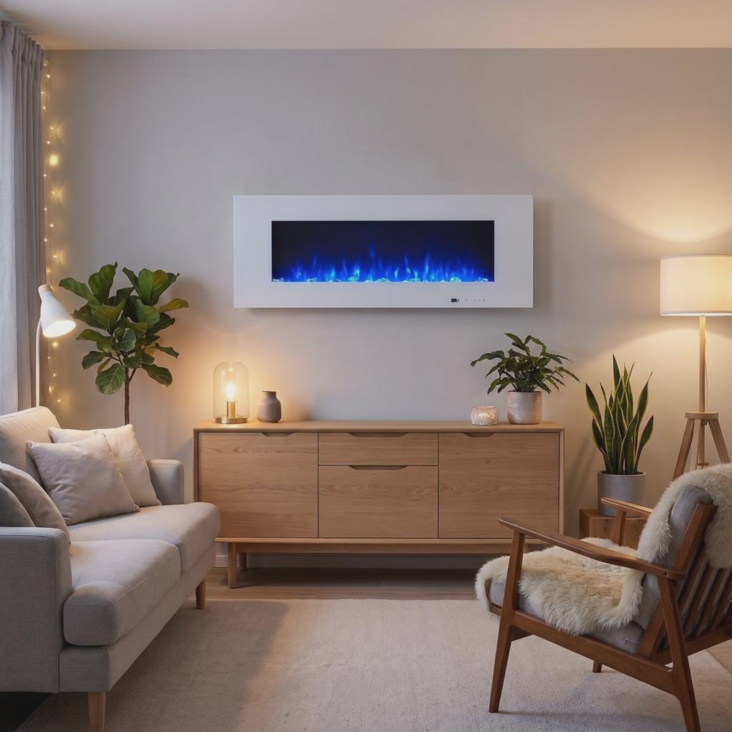 Video: Elektrokamin Azurite 127 cm in Weiß mit blauem LED-Flammeneffekt an der Wohnzimmerwand – Raumvisualisierung