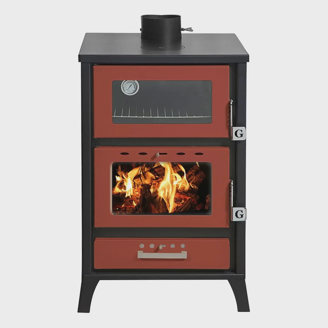Gekas MG 500 Holzofen Rot – Ansichten: Front mit Feuer, Seiten, Tür offen (Backfach), Rückseite