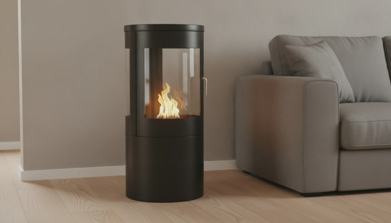 Video: Columbus runder Ethanol-Kaminofen mit brennender Flamme im Wohnzimmer – Raumvisualisierung