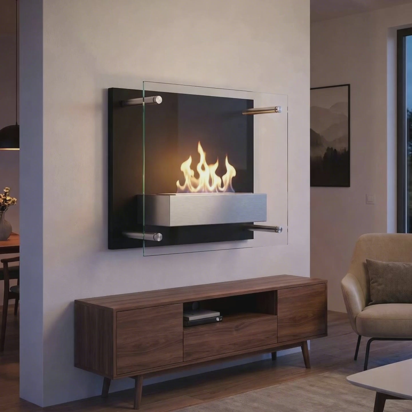 Video: Ethanol-Wandkamin Nevada in Schwarz mit brennender Flamme über einem Sideboard – Raumvisualisierung