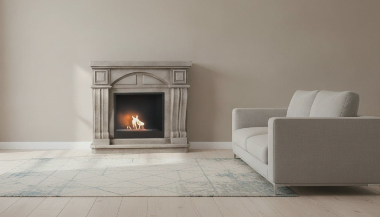 Video: Logi Ethanol-Kamin mit Umrandung mit brennender Flamme im Wohnzimmer – Raumvisualisierung
