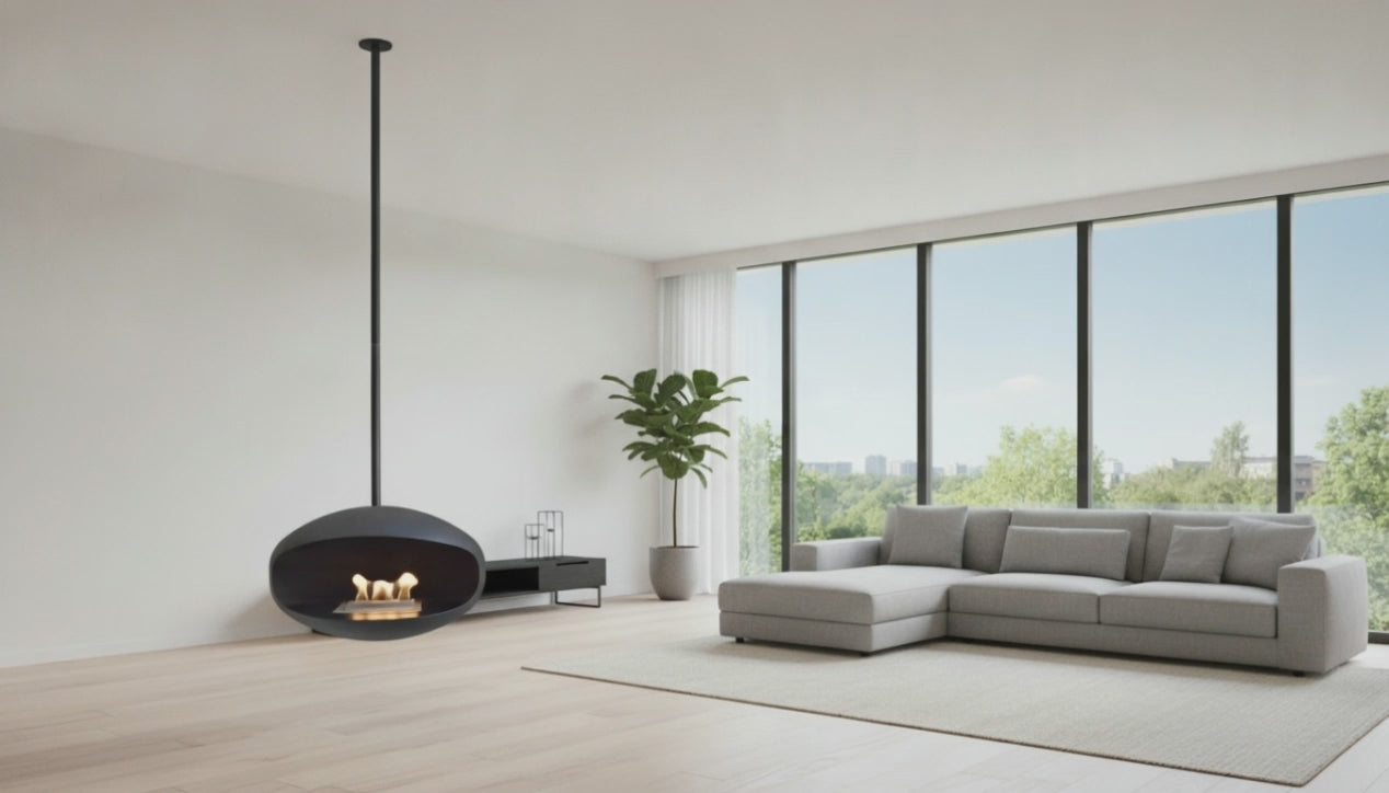 Video: Cocoon Aeris Ethanol-Hängekamin mit brennender Flamme an der Decke im Wohnraum – Raumvisualisierung