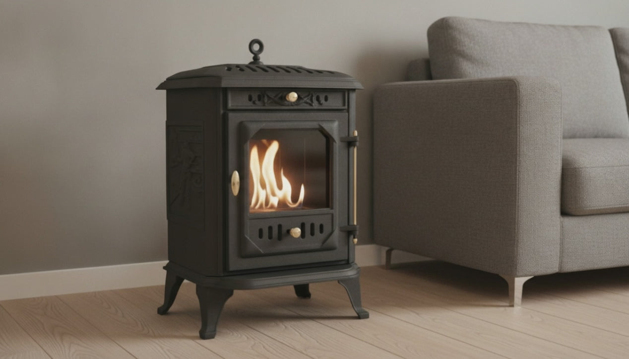 Video: Ulvik Ethanol-Kaminofen aus Gusseisen mit brennender Flamme im Wohnzimmer – Raumvisualisierung
