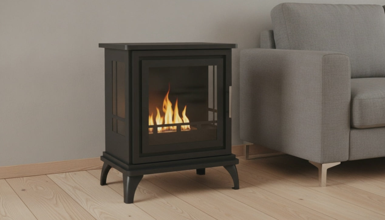 Video: Nashville Ethanol-Kaminofen mit brennender Flamme im Wohnzimmer – Raumvisualisierung