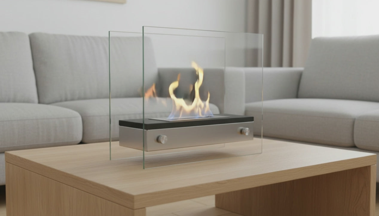 Video: Merton Ethanol-Tischkamin mit brennender Flamme auf dem Couchtisch – Raumvisualisierung