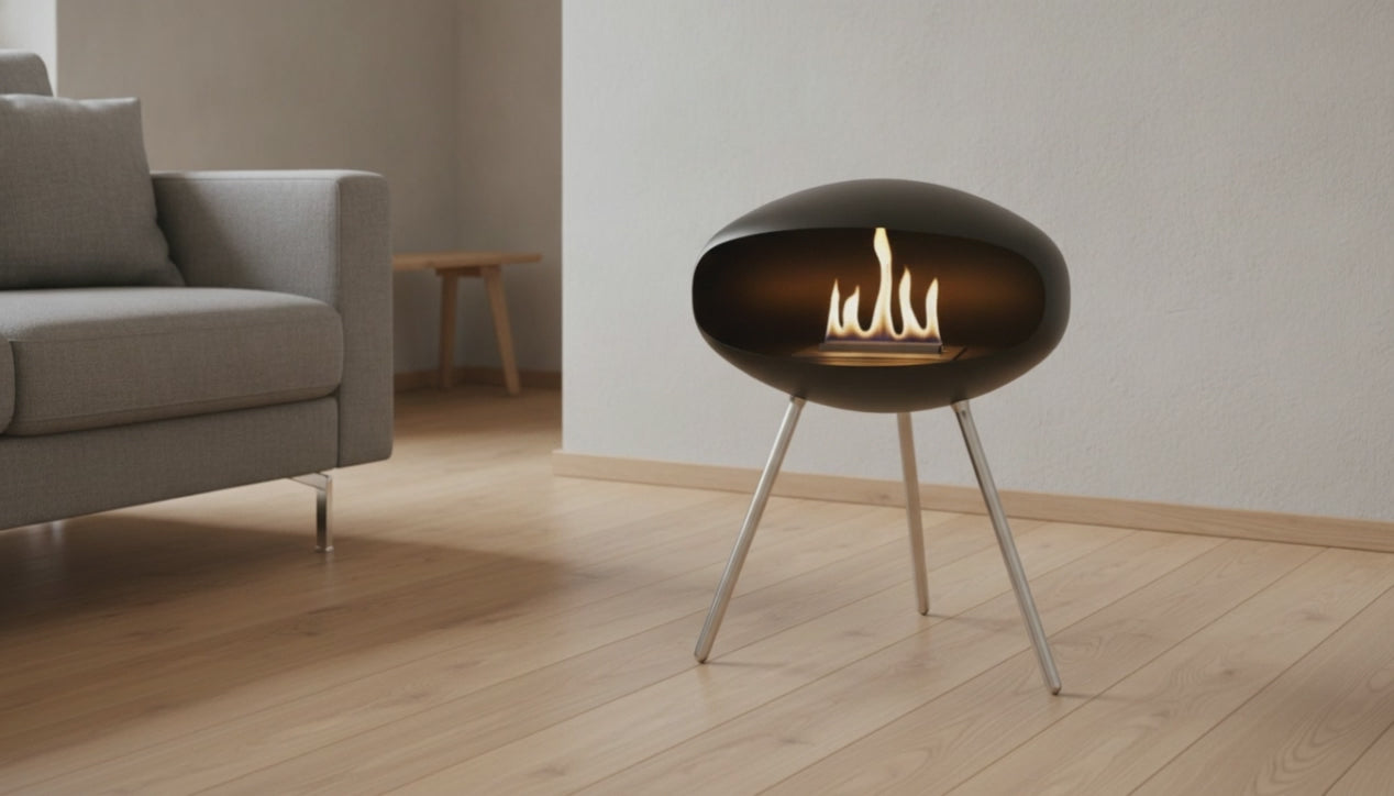 Video: Cocoon Terra freistehender Ethanol-Kamin mit brennender Flamme im Wohnzimmer – Raumvisualisierung