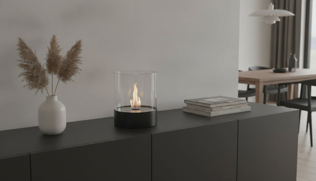 Video: Southwark Ethanol-Tischkamin mit brennender Flamme auf dem Sideboard – Raumvisualisierung